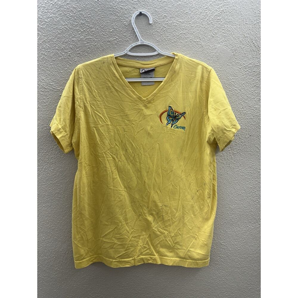 Curves Womens Shirt Size Large Yellow Short Sleeve V-Neck Embroidered Logo
